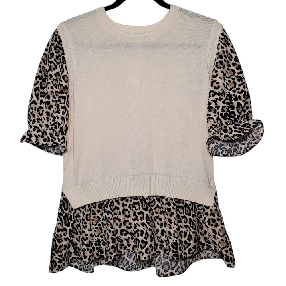 Cato Leopard Print Ruffle Sleeve Top Cream Womens Large Mob Wife Boho